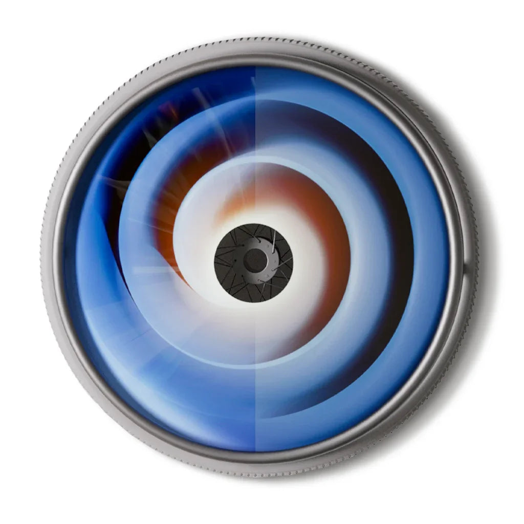 Colorful wheelchair spoke guard with blue and white spiral pattern, round design