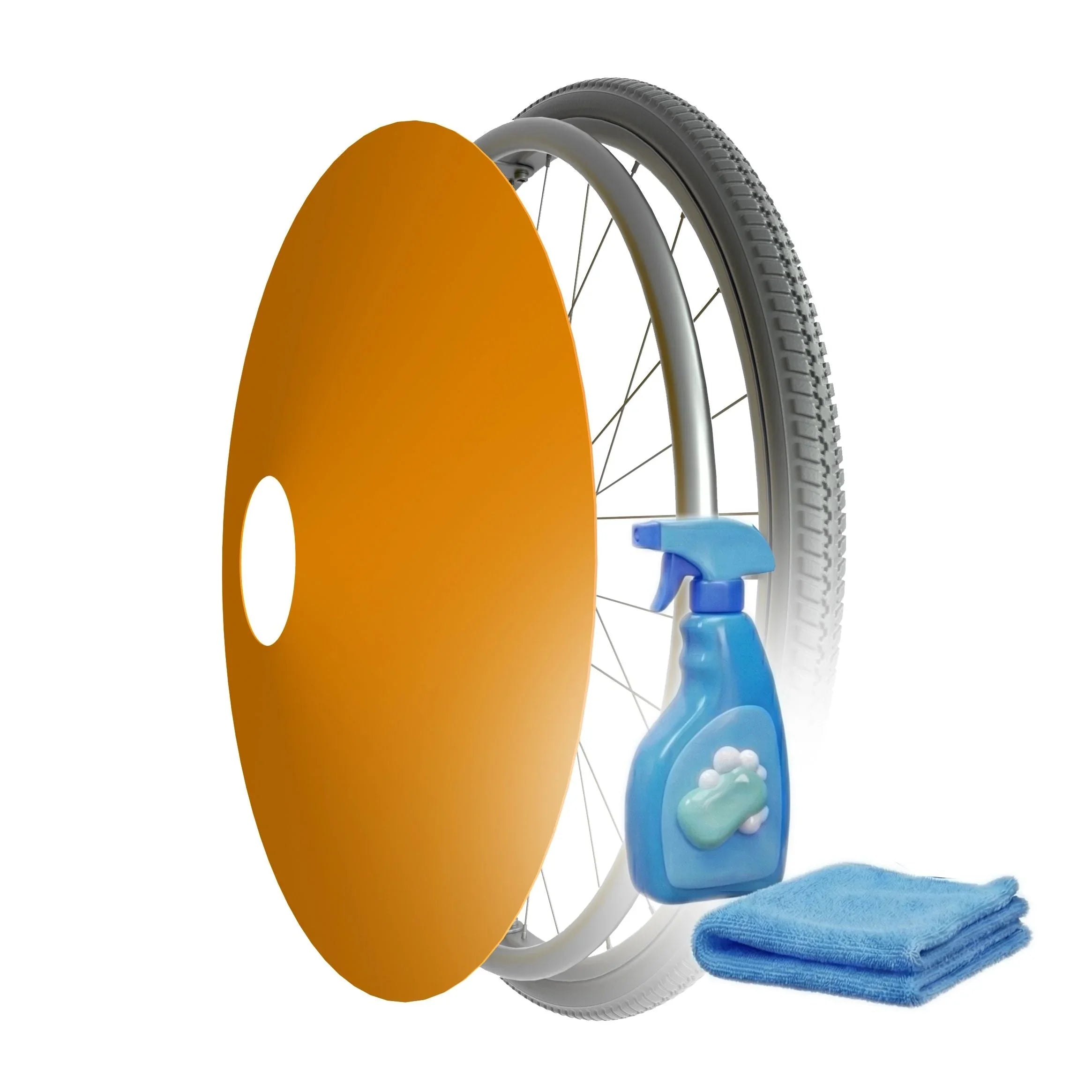 Wheelchair wheel with orange spoke guard, cleaning spray bottle, and blue microfiber cloths