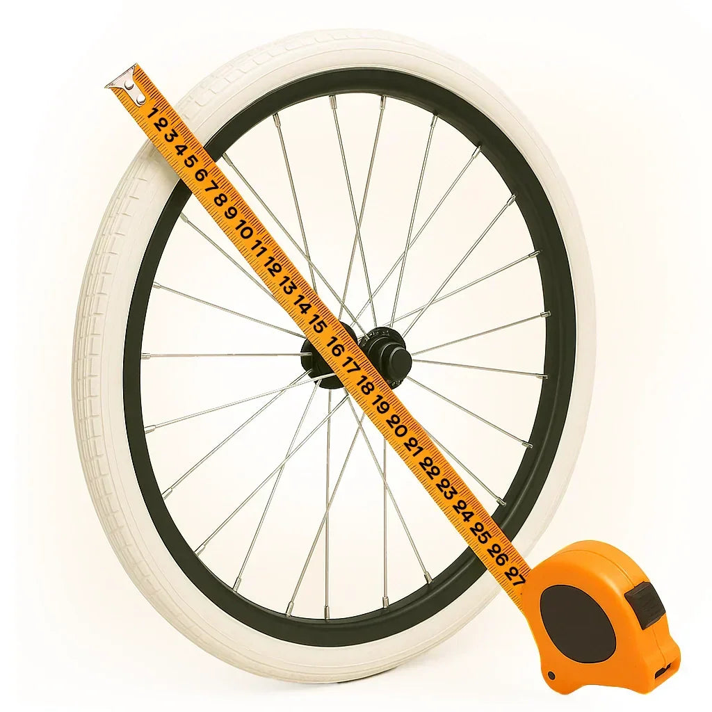 Wheelchair wheel with white tire measured by tape measure for accurate sizing