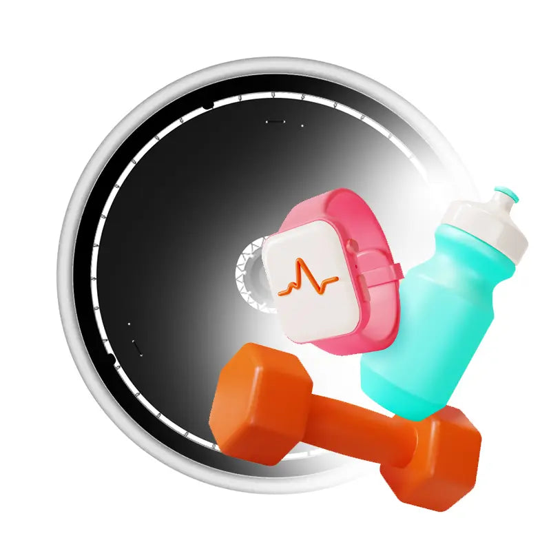 Wheelchair wheel with fitness equipment including a dumbbell, water bottle, and activity tracker representing strength training, hydration, and healthy living for wheelchair users.