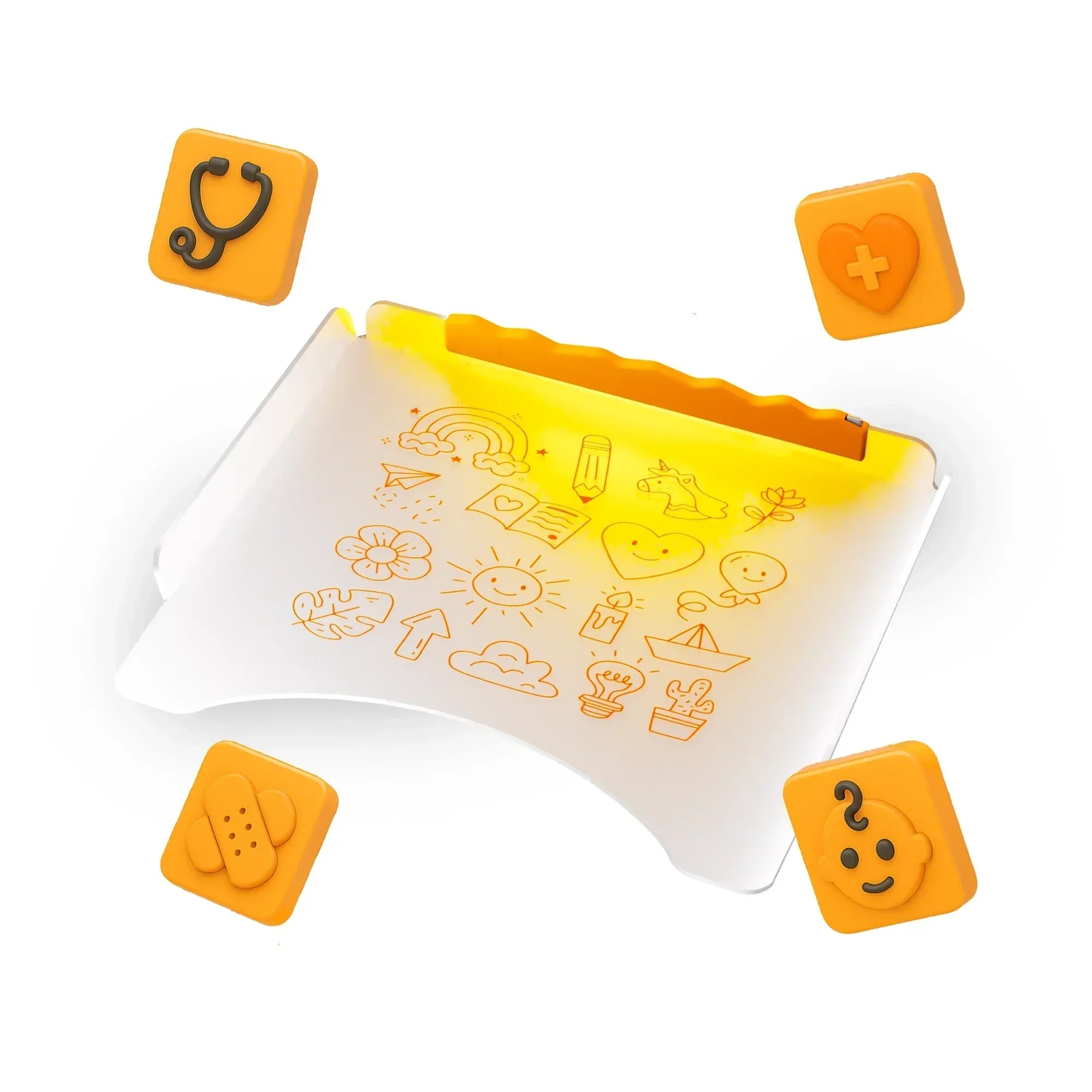 Illuminated wheelchair tray with orange icons, symbols and medical-themed buttons