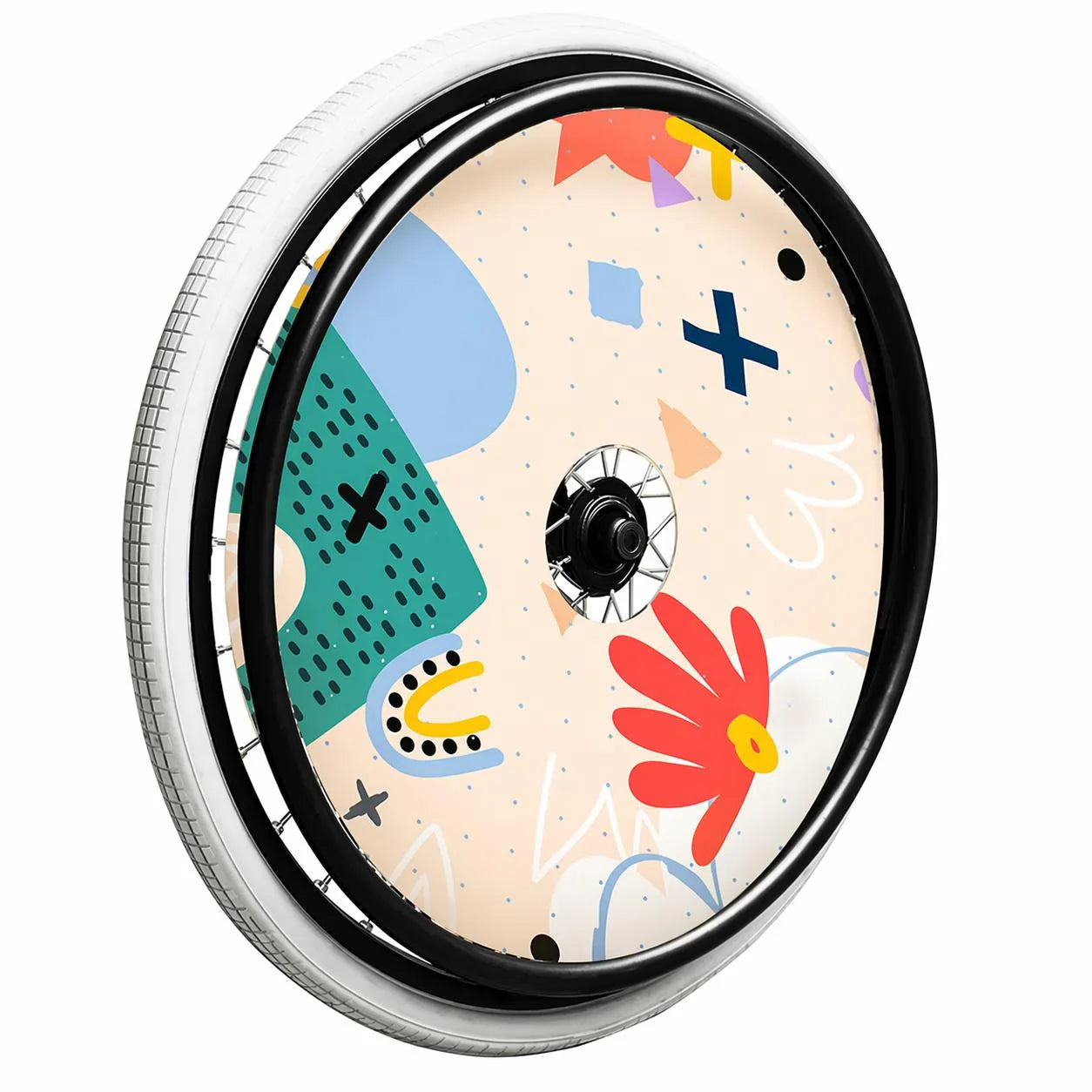 custom wheelchair spoke guard with abstract colorful design for safety and personalization