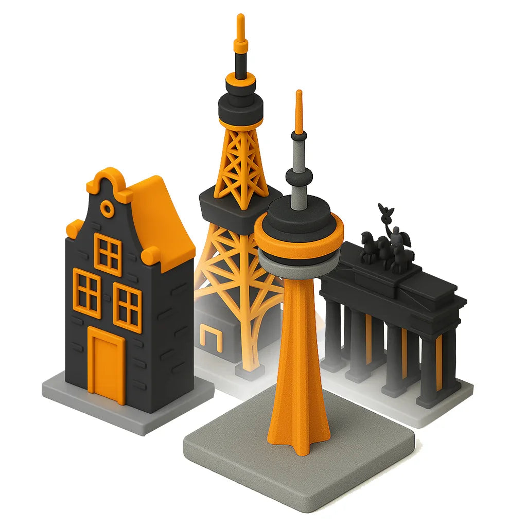 3D icons of European landmarks in black and orange, including house, tower, and gate monuments.