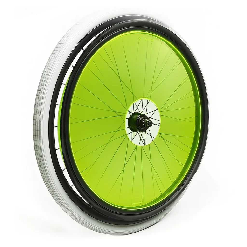 Green wheelchair spoke guard on a large wheel with white tire, mobility accessory