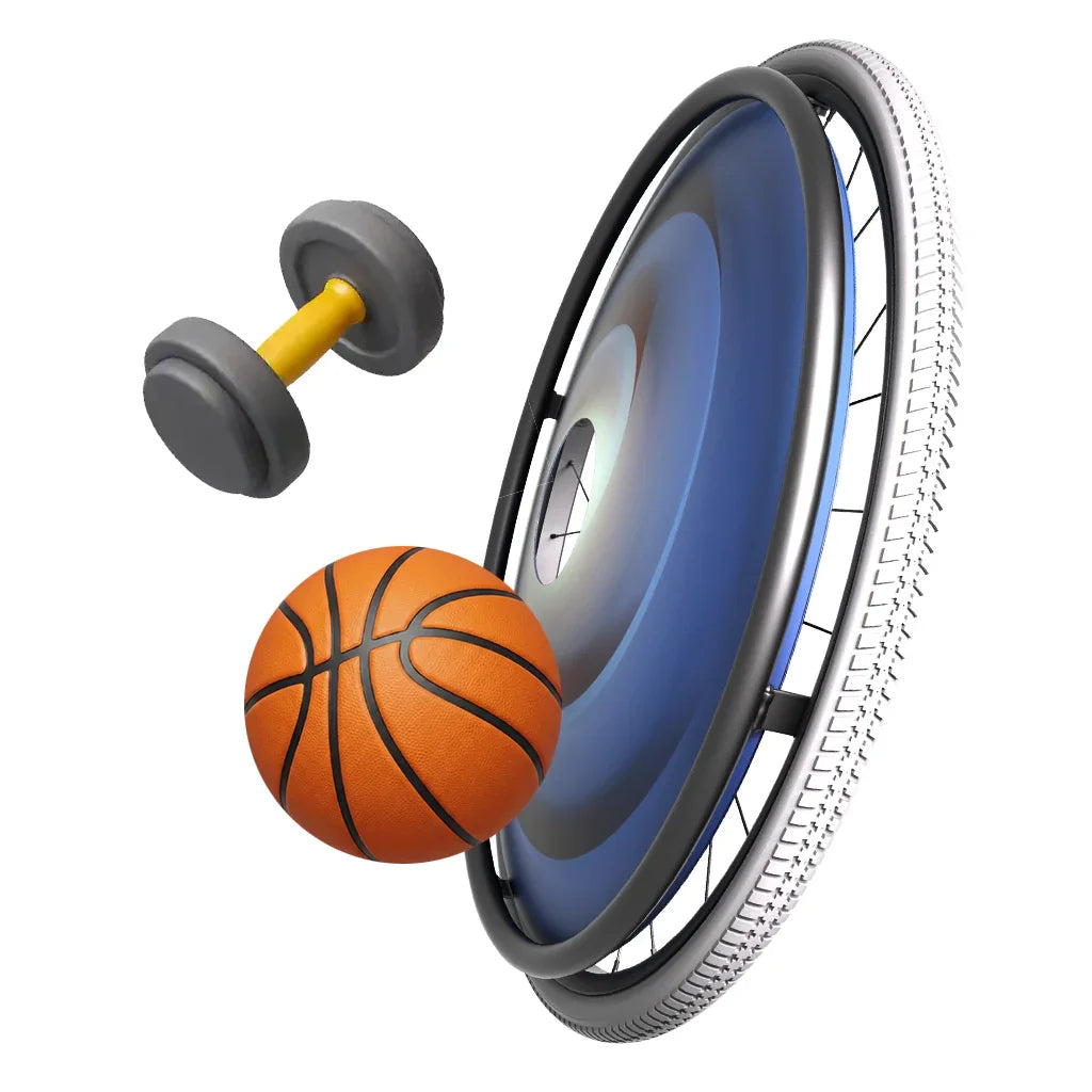 Wheelchair wheel with spoke guard, dumbbell, and basketball on white background