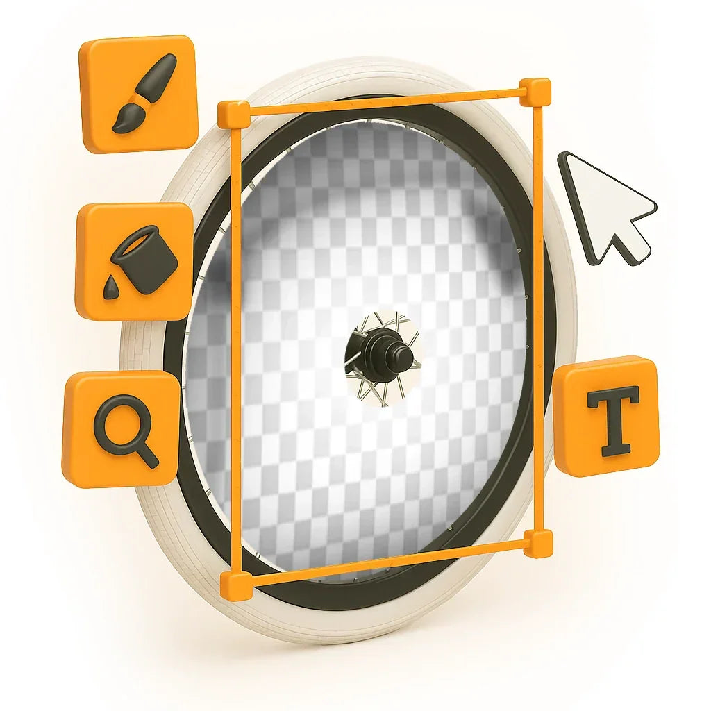 Customizable wheelchair spoke guard with editing icons, white tire, and transparent cover
