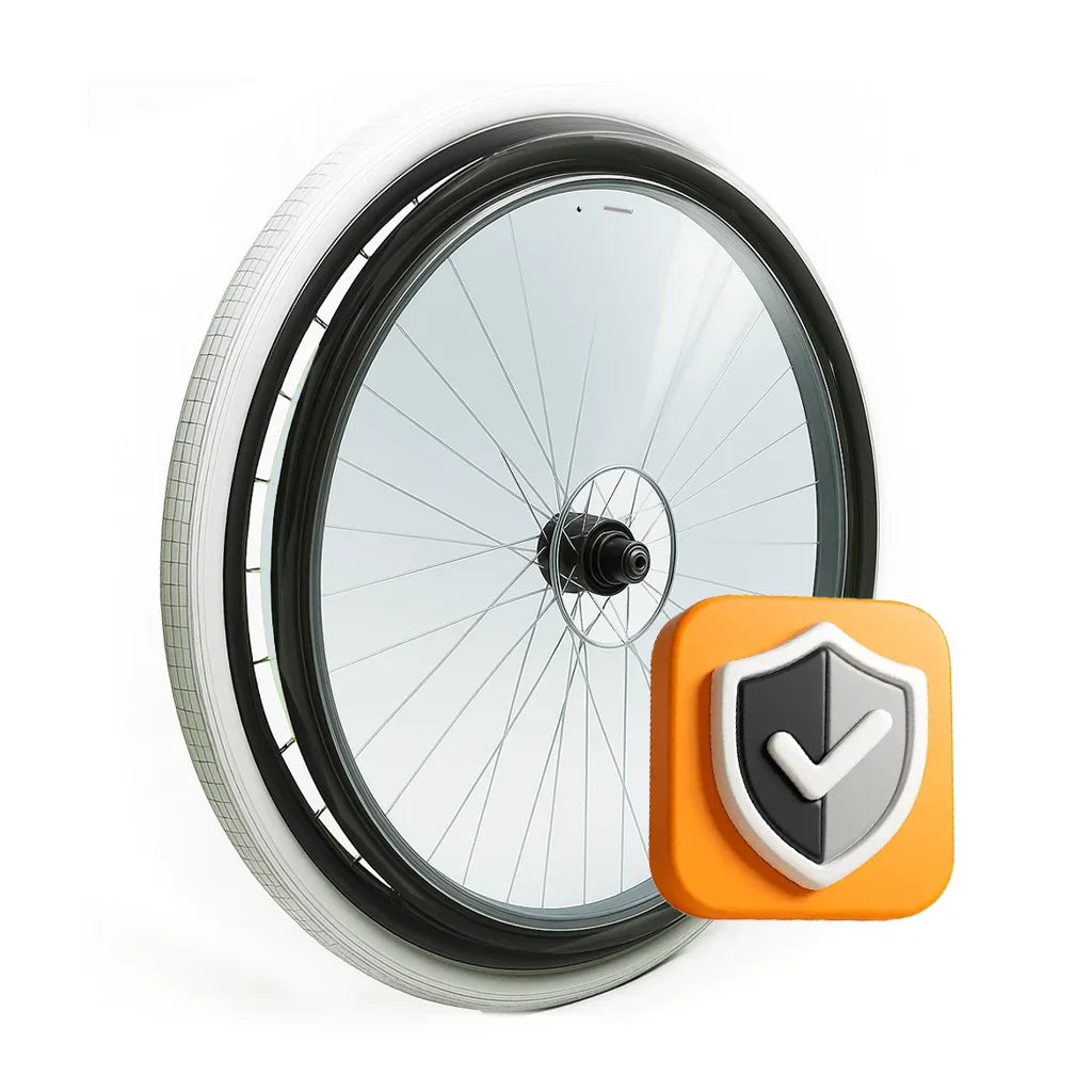 Wheelchair wheel with protective spoke guard and safety shield icon on white background