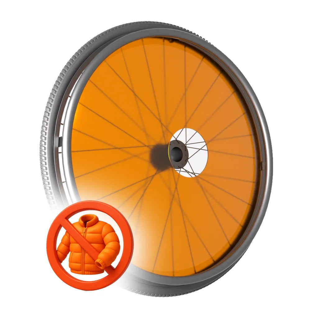 Orange wheelchair spoke guard with a no-jacket symbol, durable wheelchair accessory