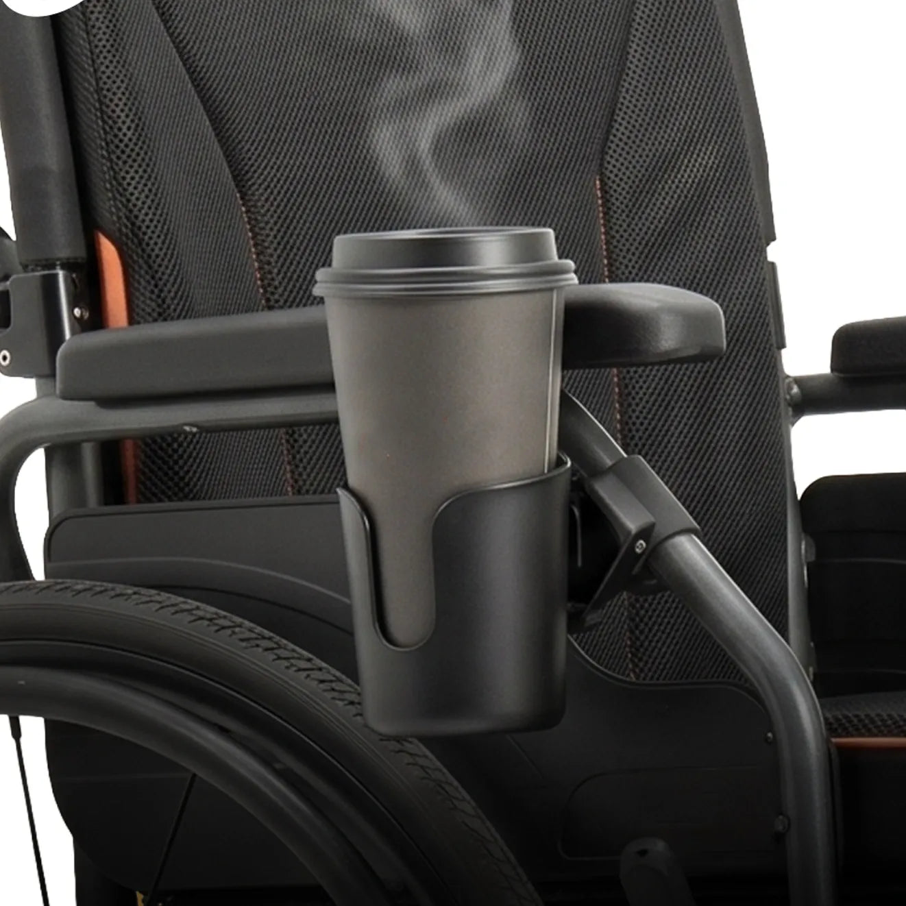 Wheelchair accessories including a practical cup holder attached to the frame for easy access to drinks.
