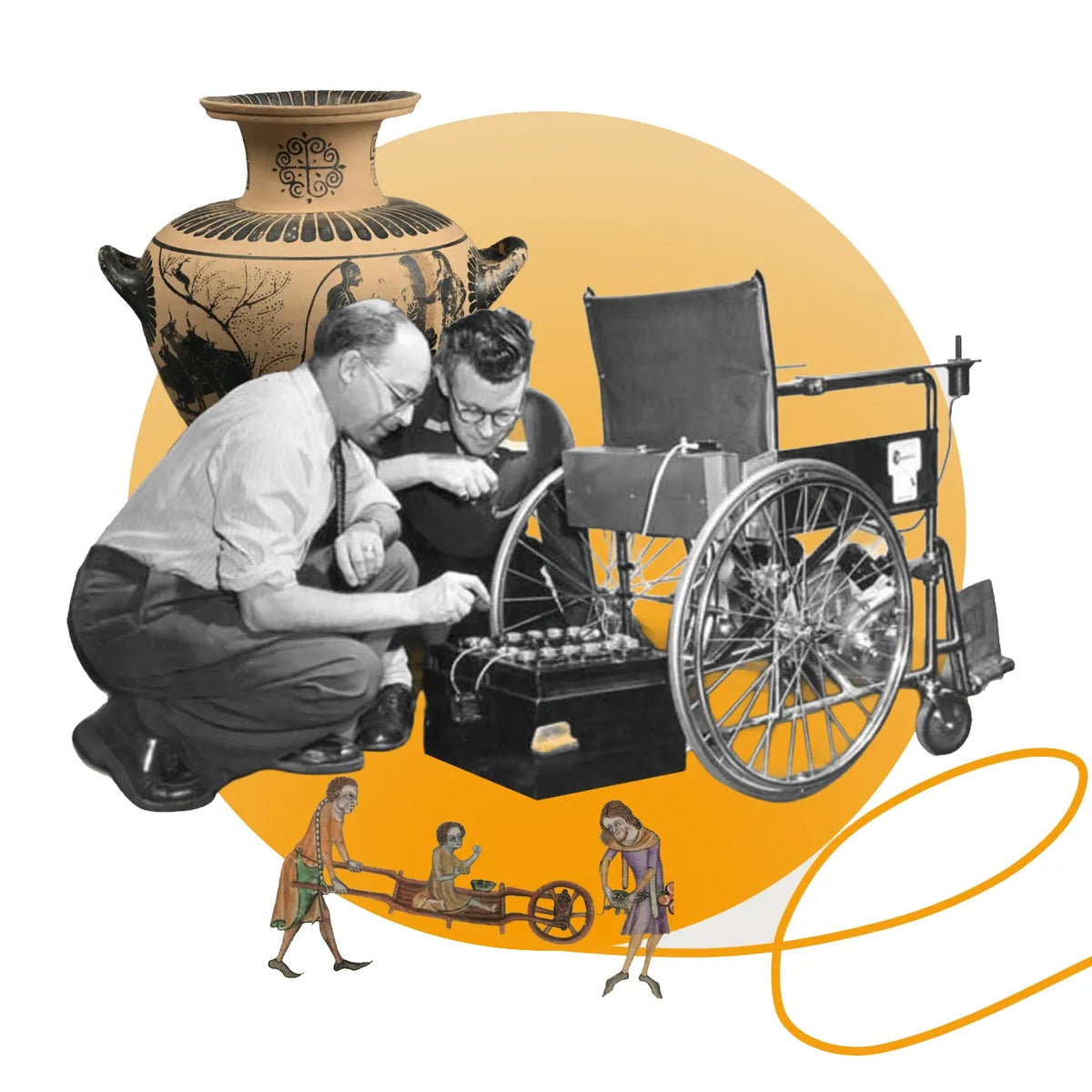 History of wheelchairs collage showing ancient wheeled seating and the evolution of wheelchair design from early mobility devices to electric wheelchairs.