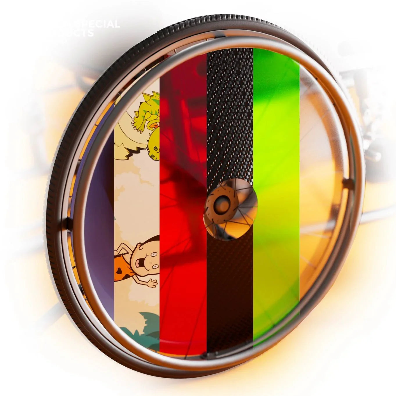Colorful wheelchair spoke guard with cartoon and striped design, enhancing wheelchair style