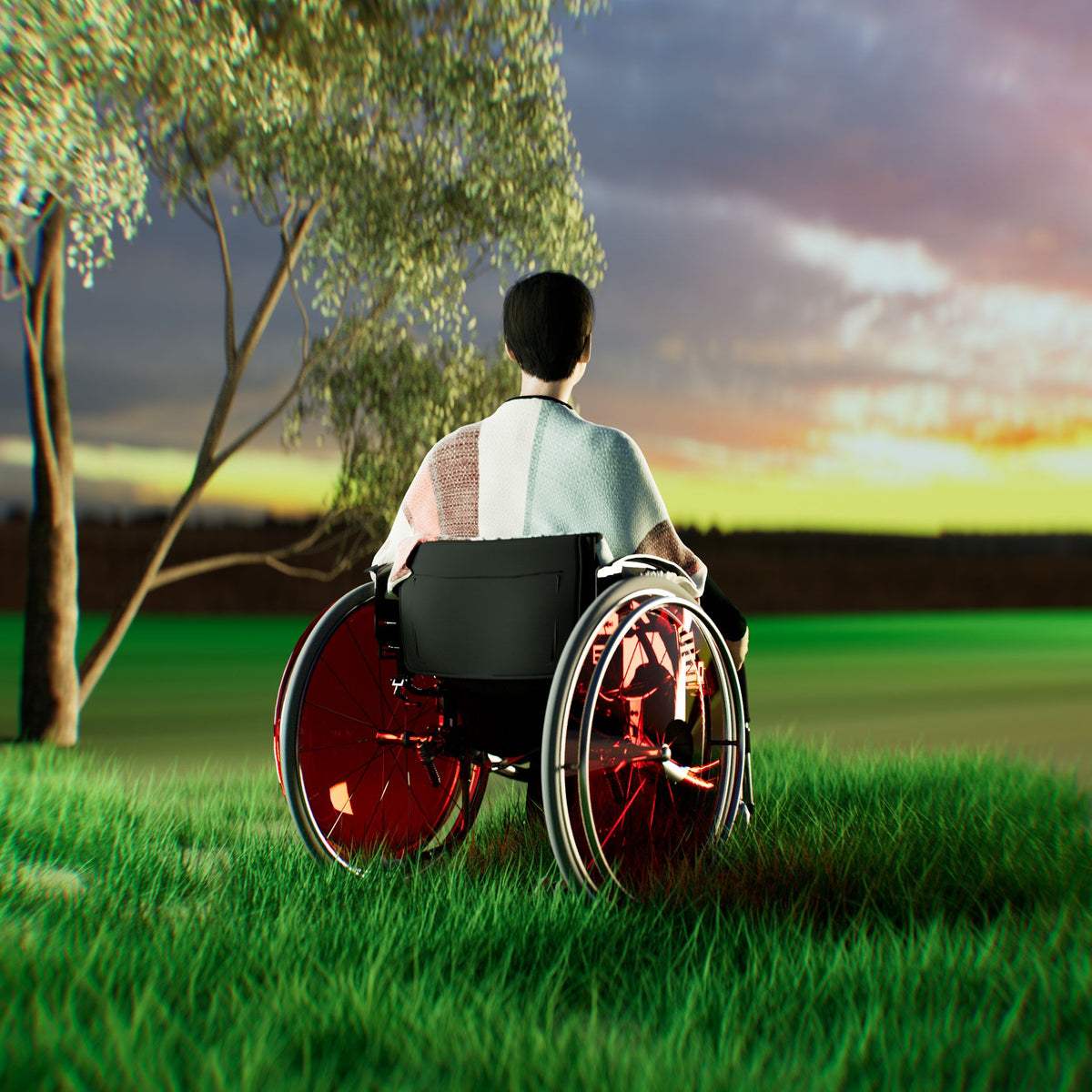 Wheelchair user sitting outdoors on green grass, looking toward a sunset beneath a tree.