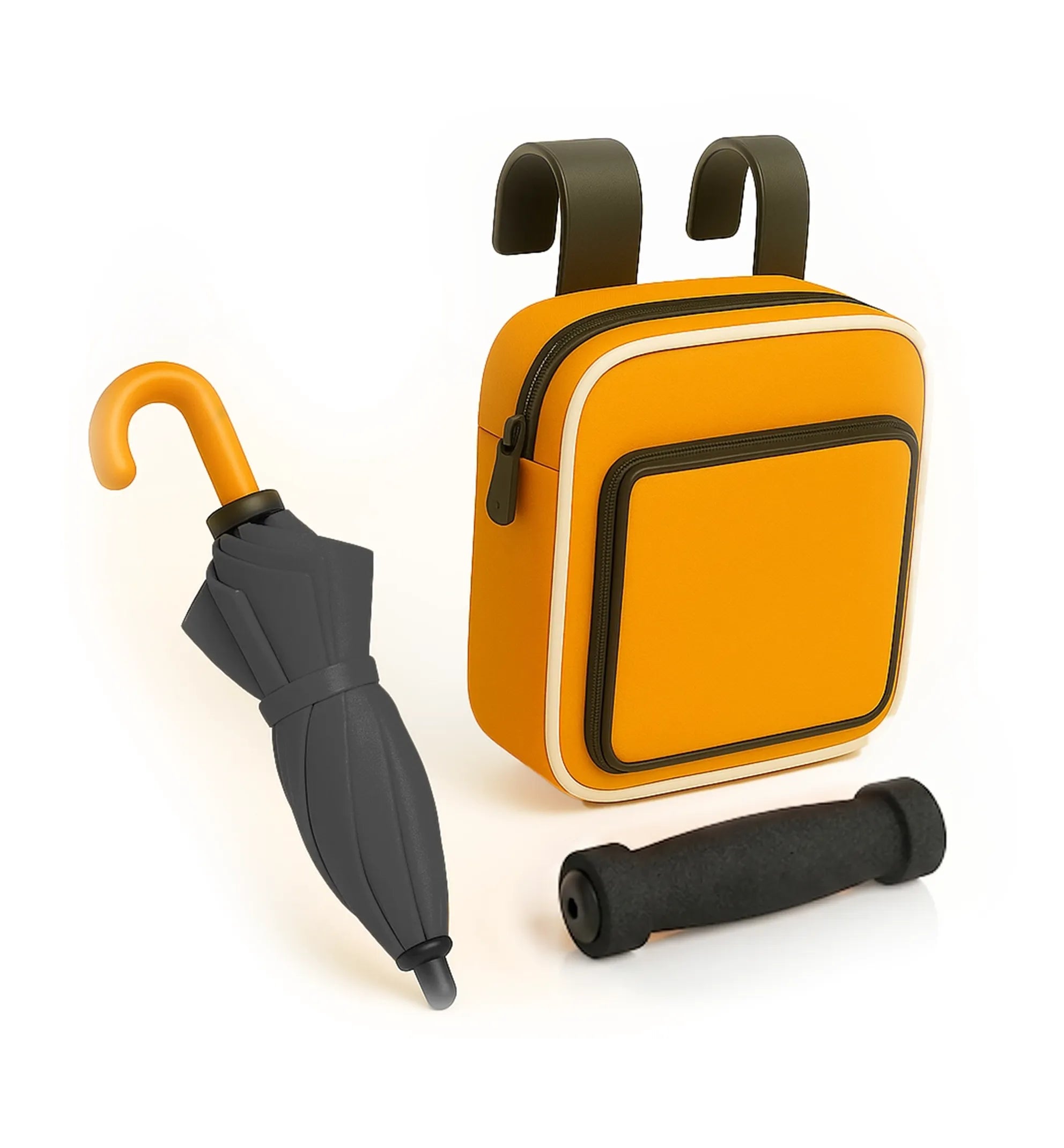 Wheelchair storage bag and foldable umbrella accessory on white background