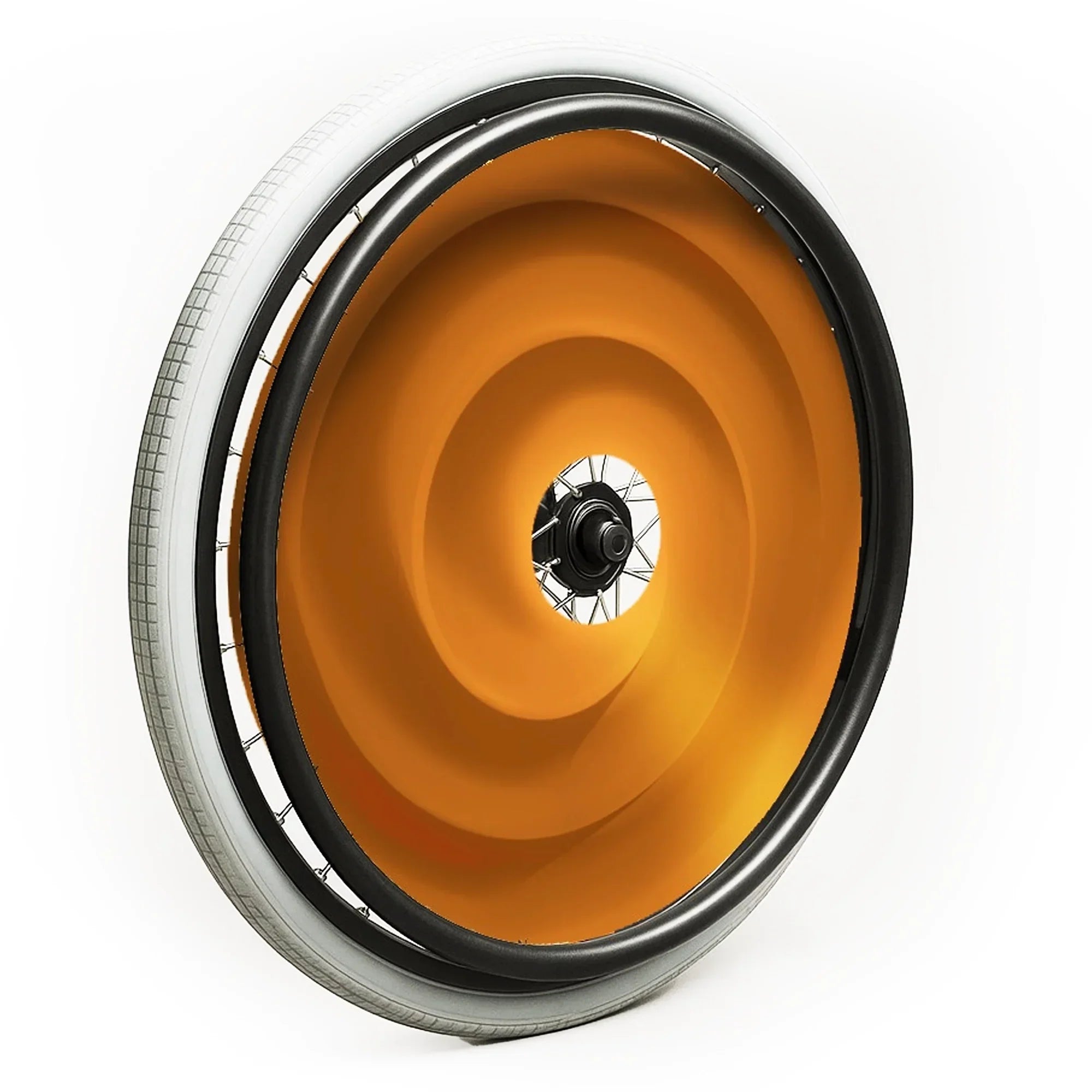 Wheelchair wheel with a bright orange spoke guard and white tire on white background