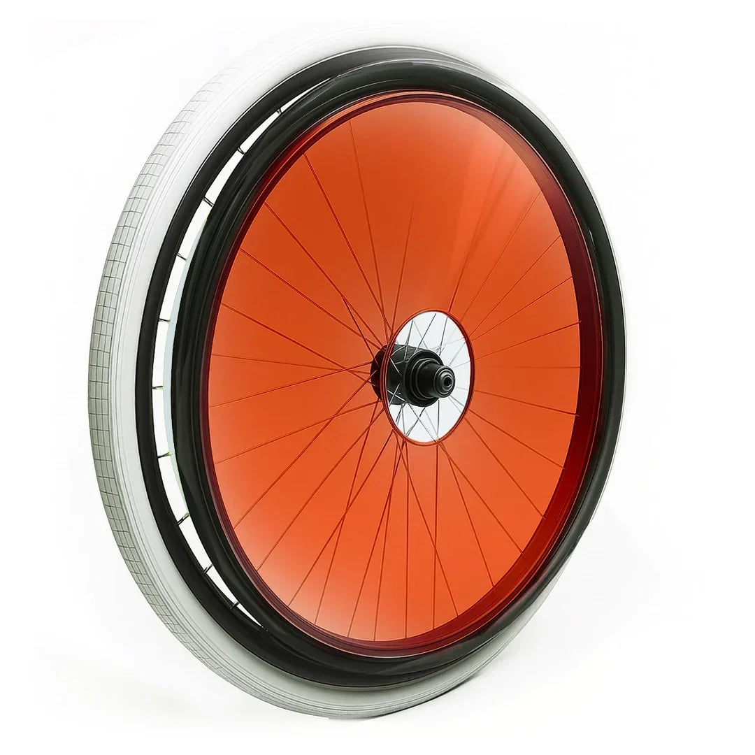 Wheelchair wheel with orange colored spoke guard on a white background