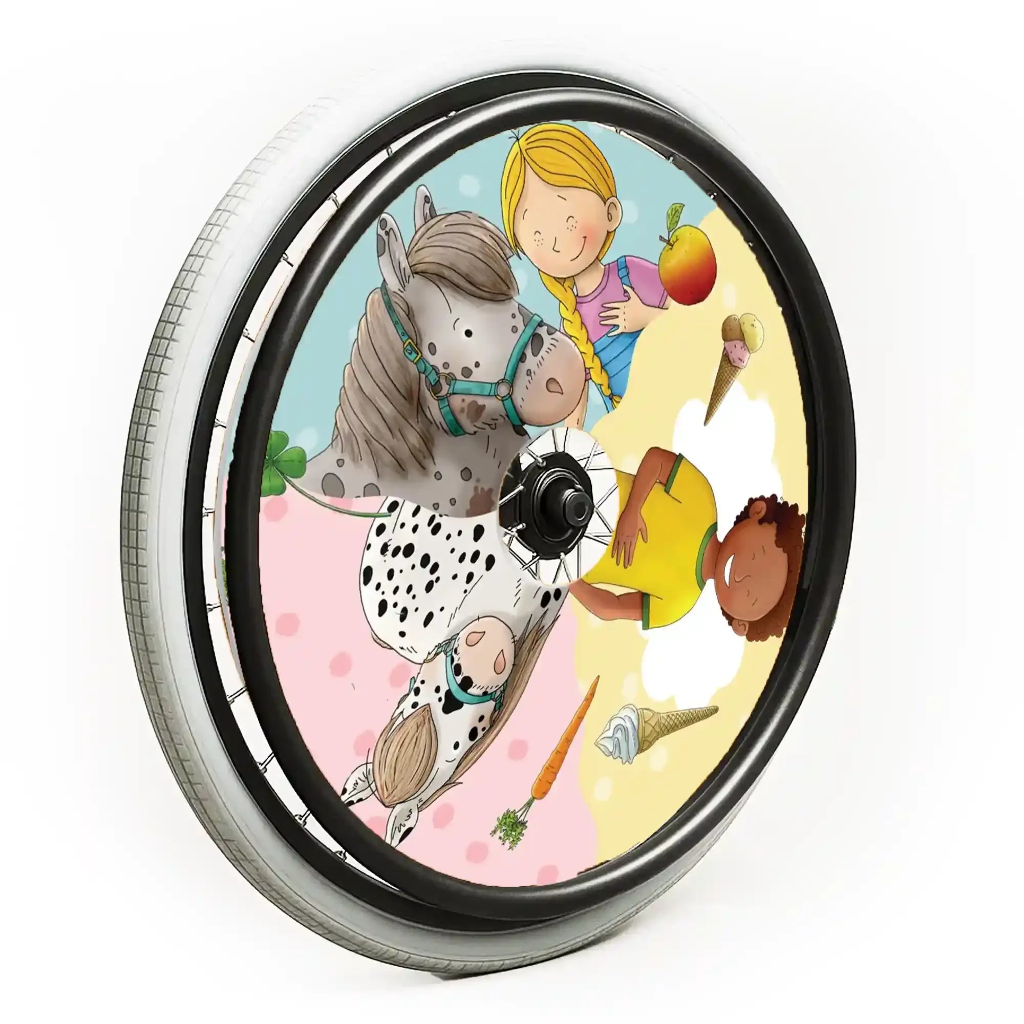Kids’ wheelchair spoke guard with cartoon horse, children, and colorful playful design.