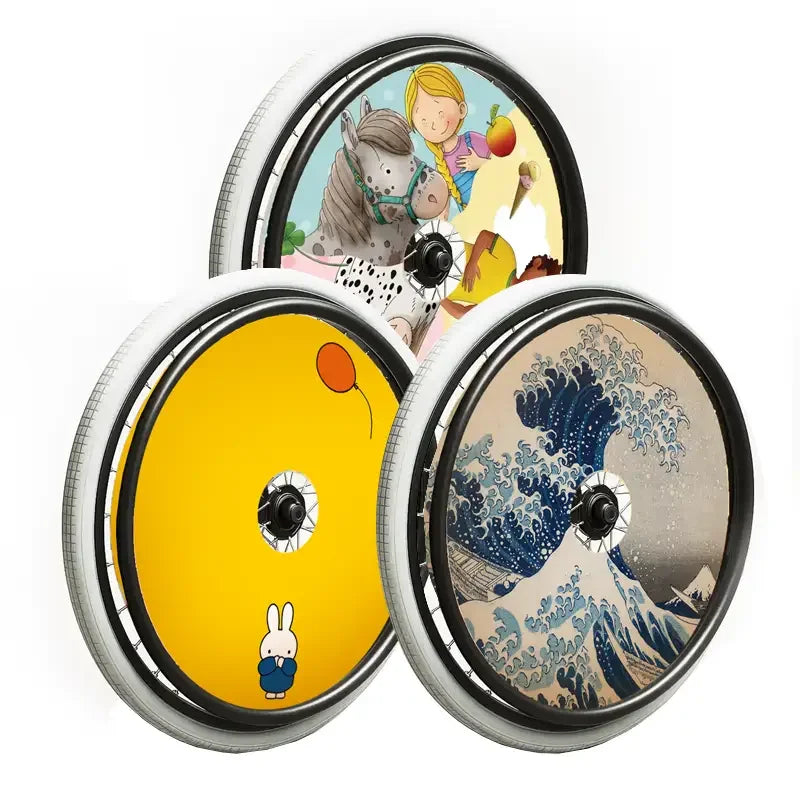 Colorful wheelchair spoke guards with kid-friendly designs and decorative art patterns
