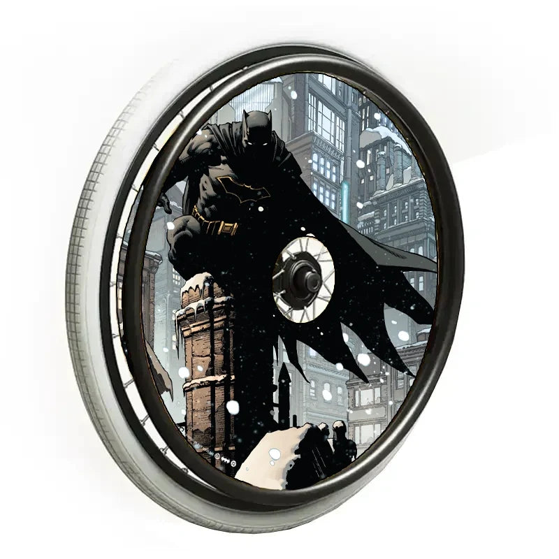 Wheelchair wheel with spoke guard featuring Great Wave off Kanagawa artwork design