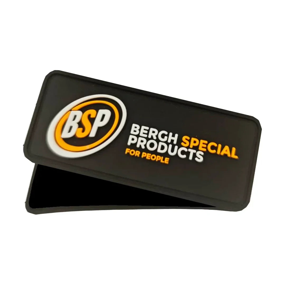 Rectangular black spoke guard fixation accessory with raised BSP logo and text.