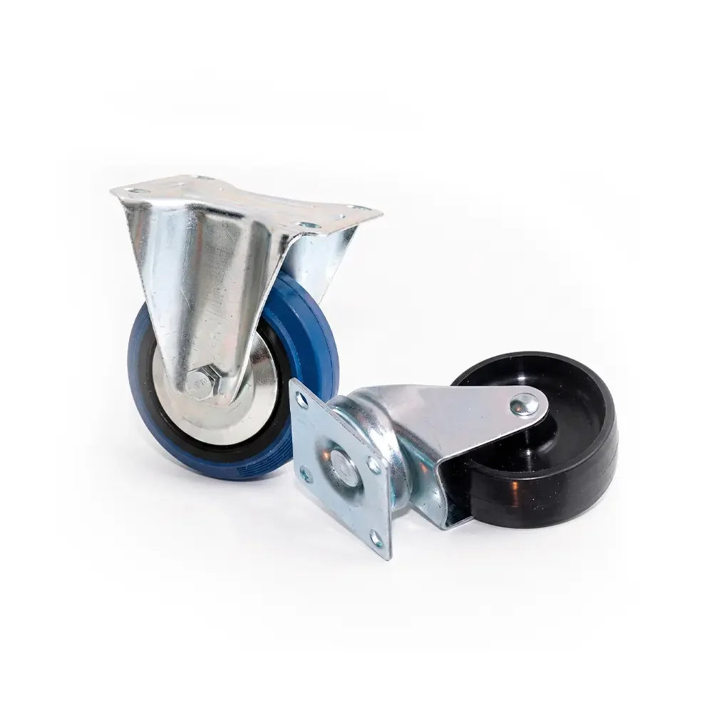 Durable wheelchair caster wheels with blue and black rubber tires, metal swivel mounts for mobility equipment