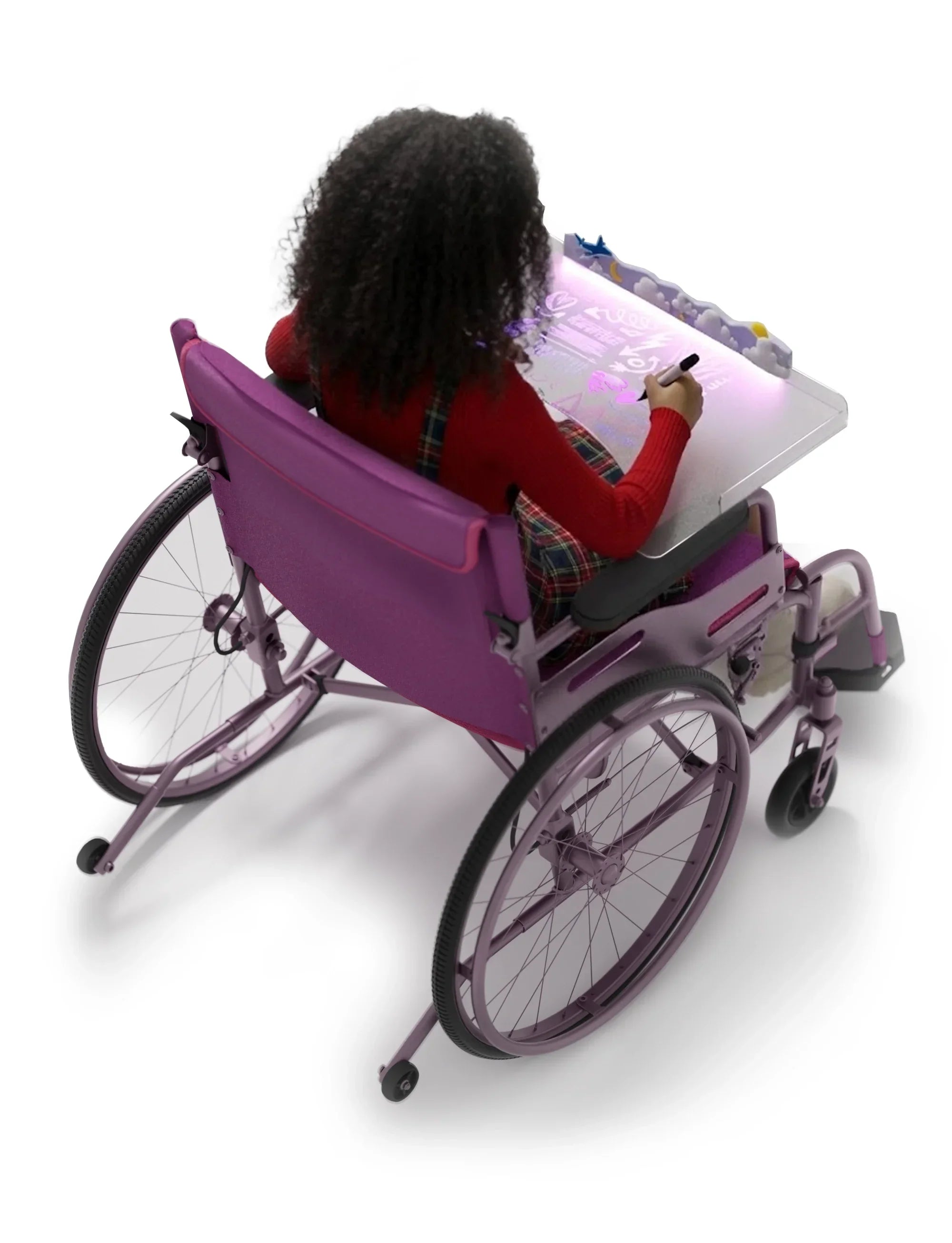 Child using a purple wheelchair with a clear tray table, drawing with a marker