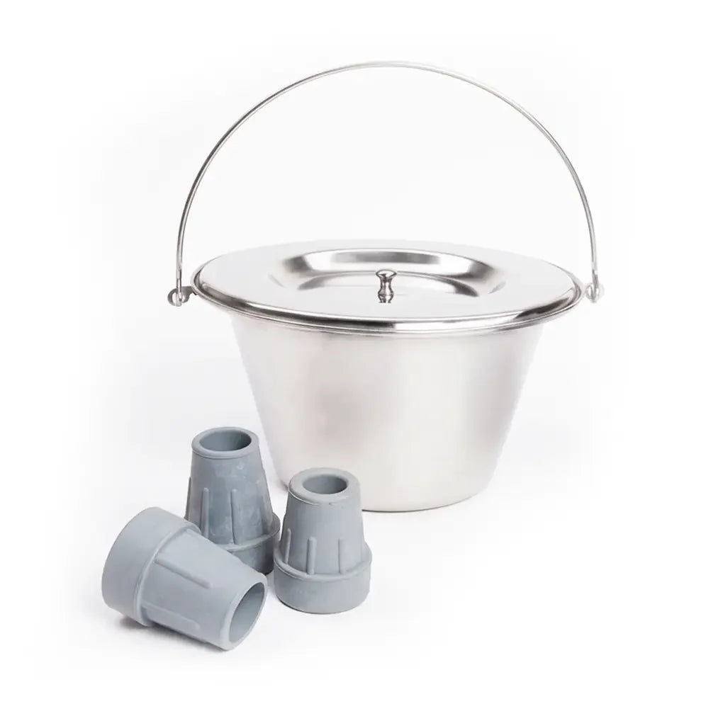 Stainless steel wheelchair bucket with lid and gray rubber tips for mobility aids