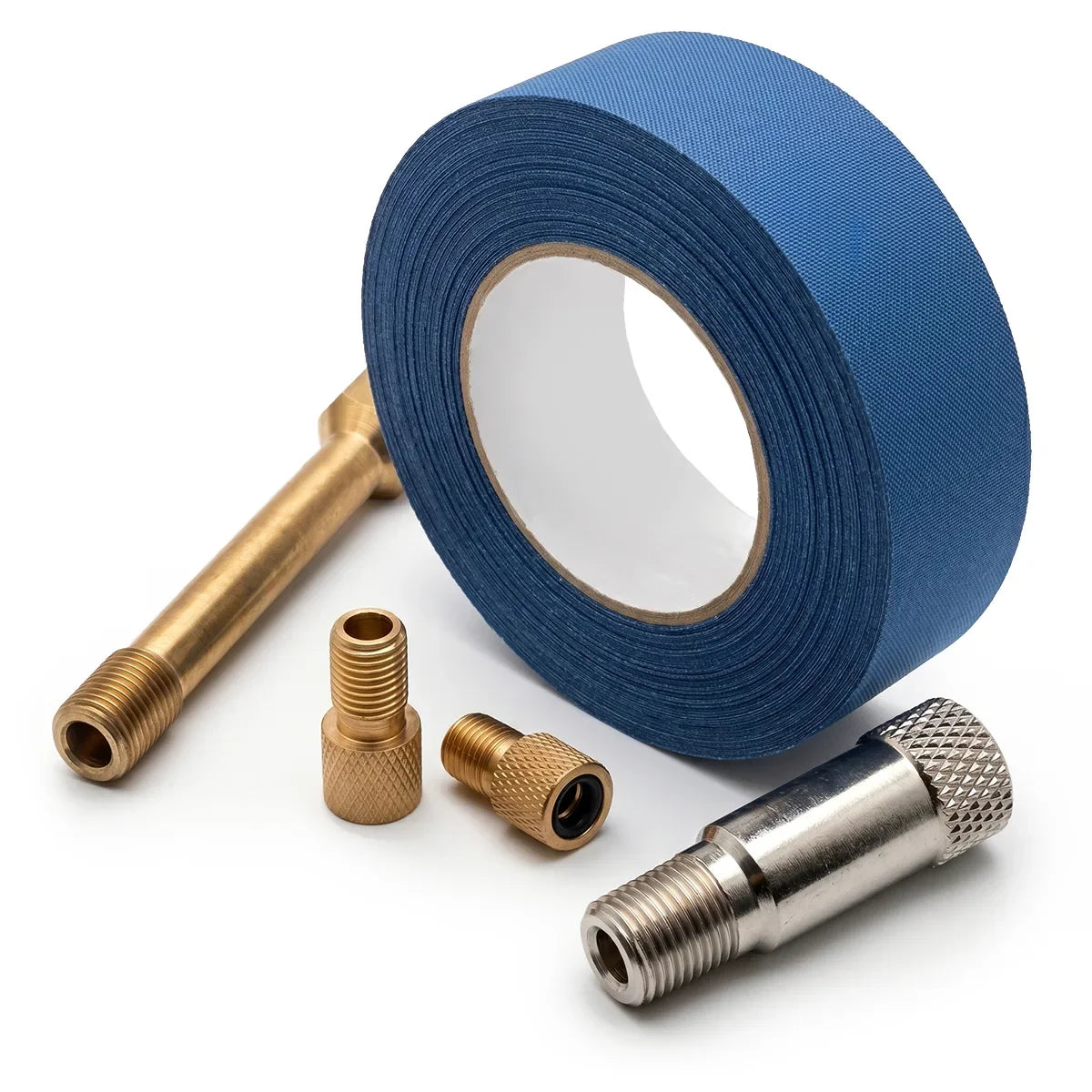 Wheelchair tyre valve adapters with blue rim tape on a white background