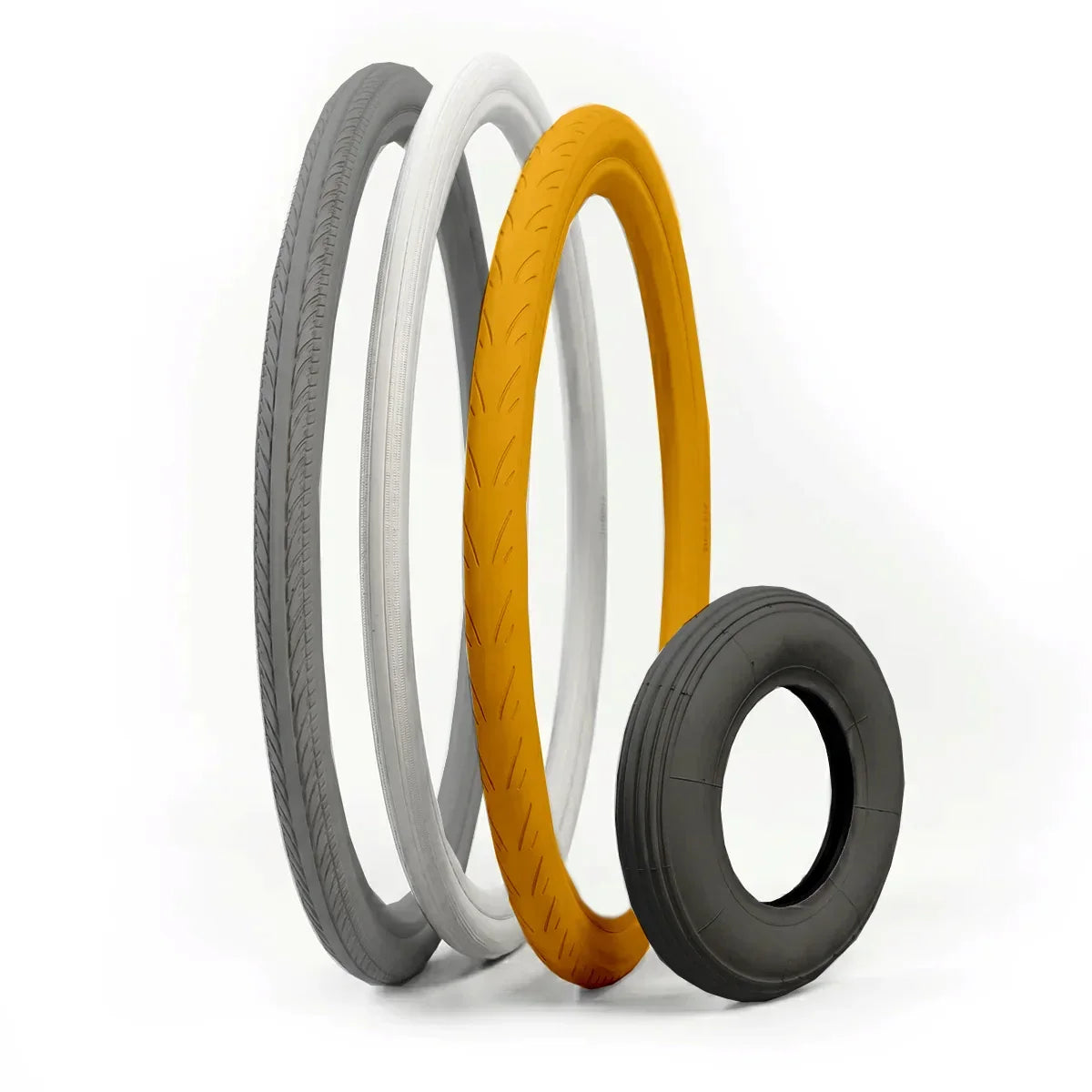 Assorted wheelchair tires and tubes in grey, white, yellow, and black on white background