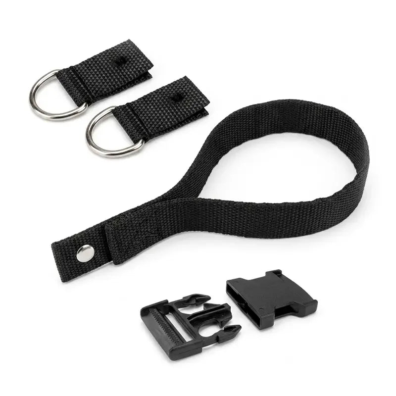 Black wheelchair safety belt with D-rings and plastic buckles for secure seating