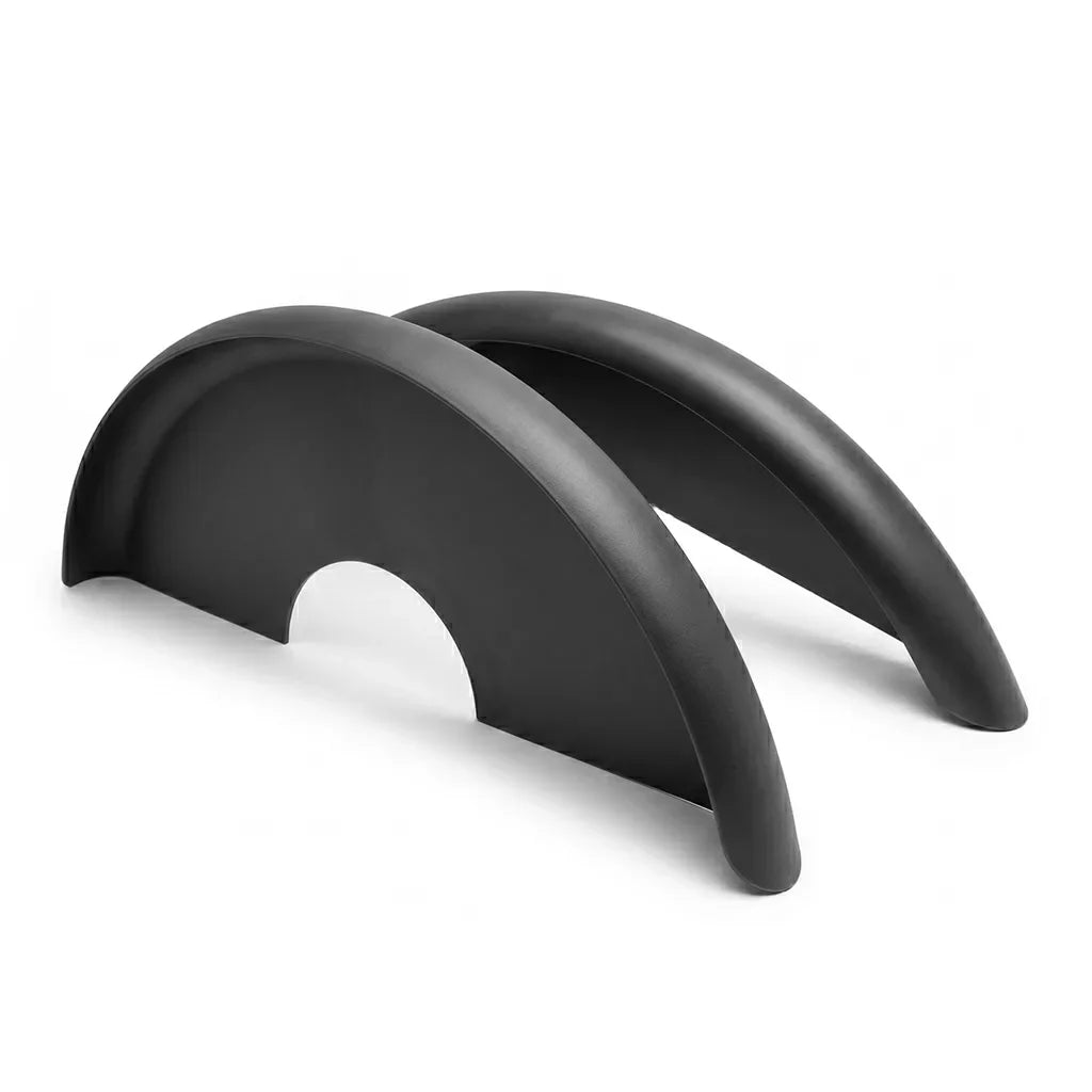 Pair of black wheelchair mudguards on white background, durable mobility accessory