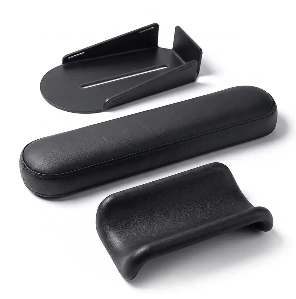 Black wheelchair armrest pads and mounting brackets for comfort and support