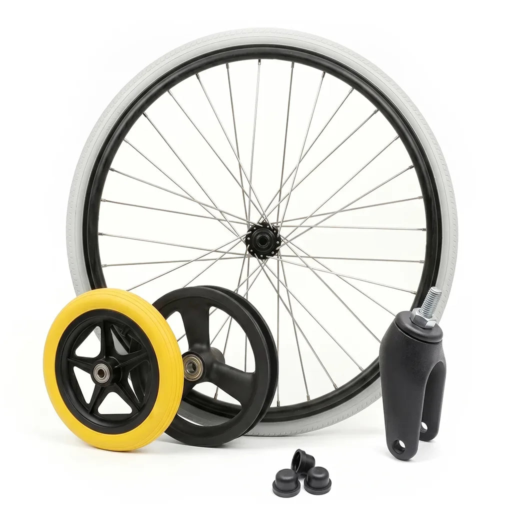 Wheelchair wheels, caster fork, and replacement parts on a white background