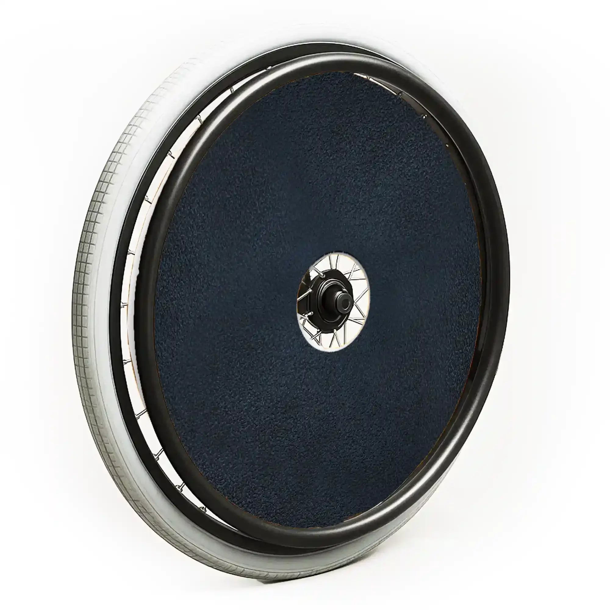 Black textured wheelchair spoke guard attached to a wheel with grey tire on white background
