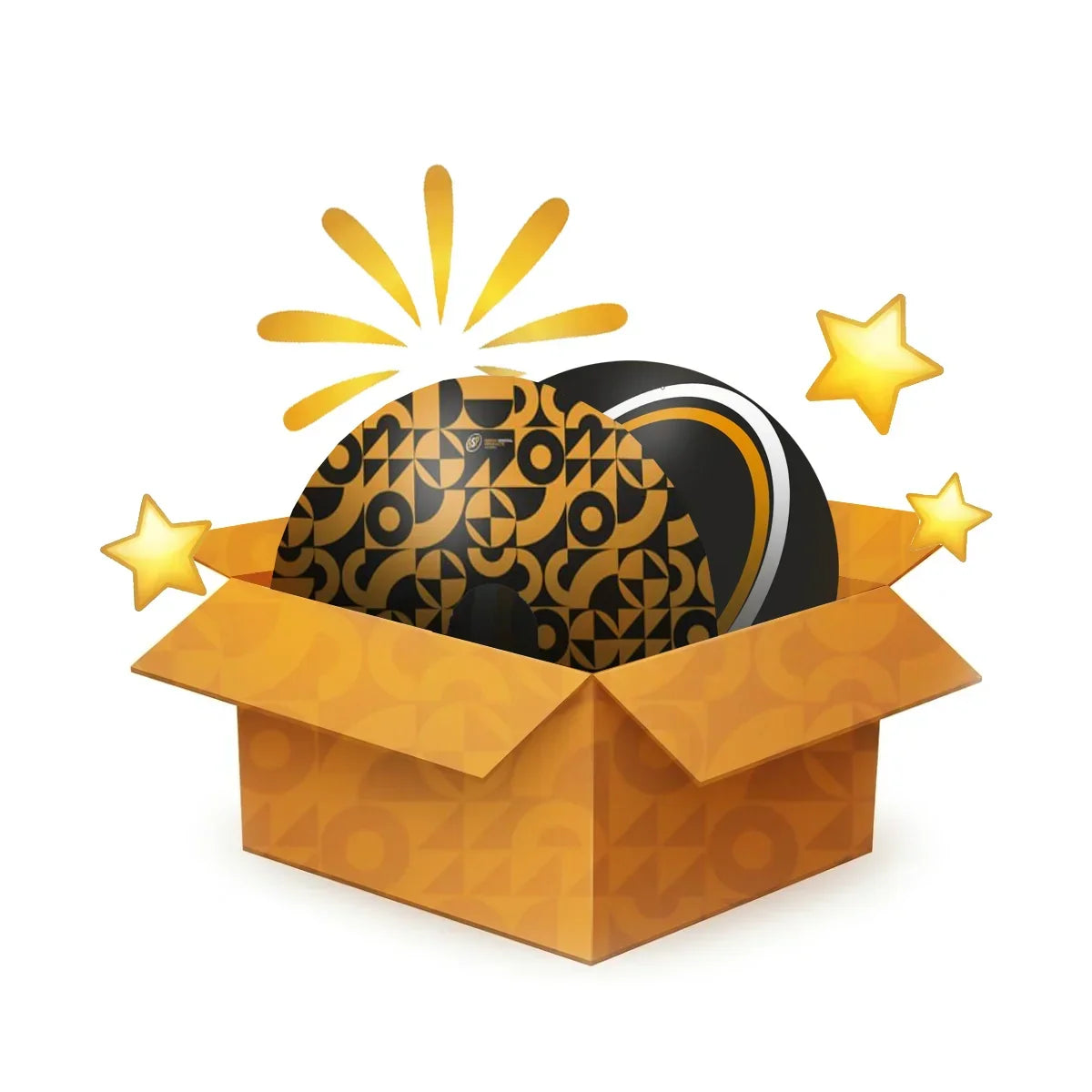 Golden gift box with patterned sphere and stars, symbolizing surprise and celebration