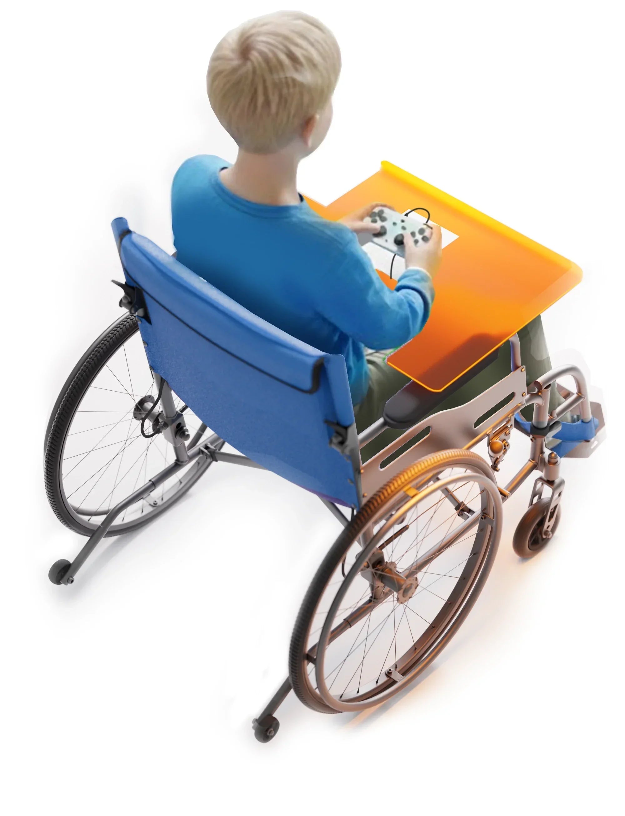 Child in wheelchair using protective spoke guards and orange tray, playing video game controller.