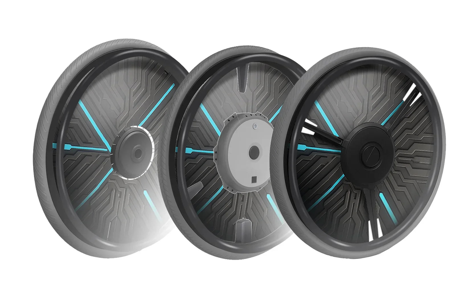Set of three kids’ wheelchair spoke guards with black and blue vortex pattern.