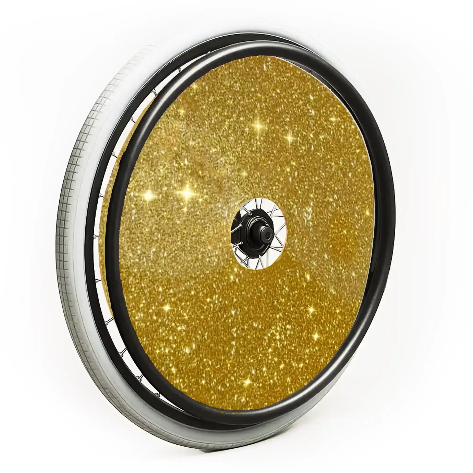 Gold glitter wheelchair spoke guard on a wheelchair wheel for kids