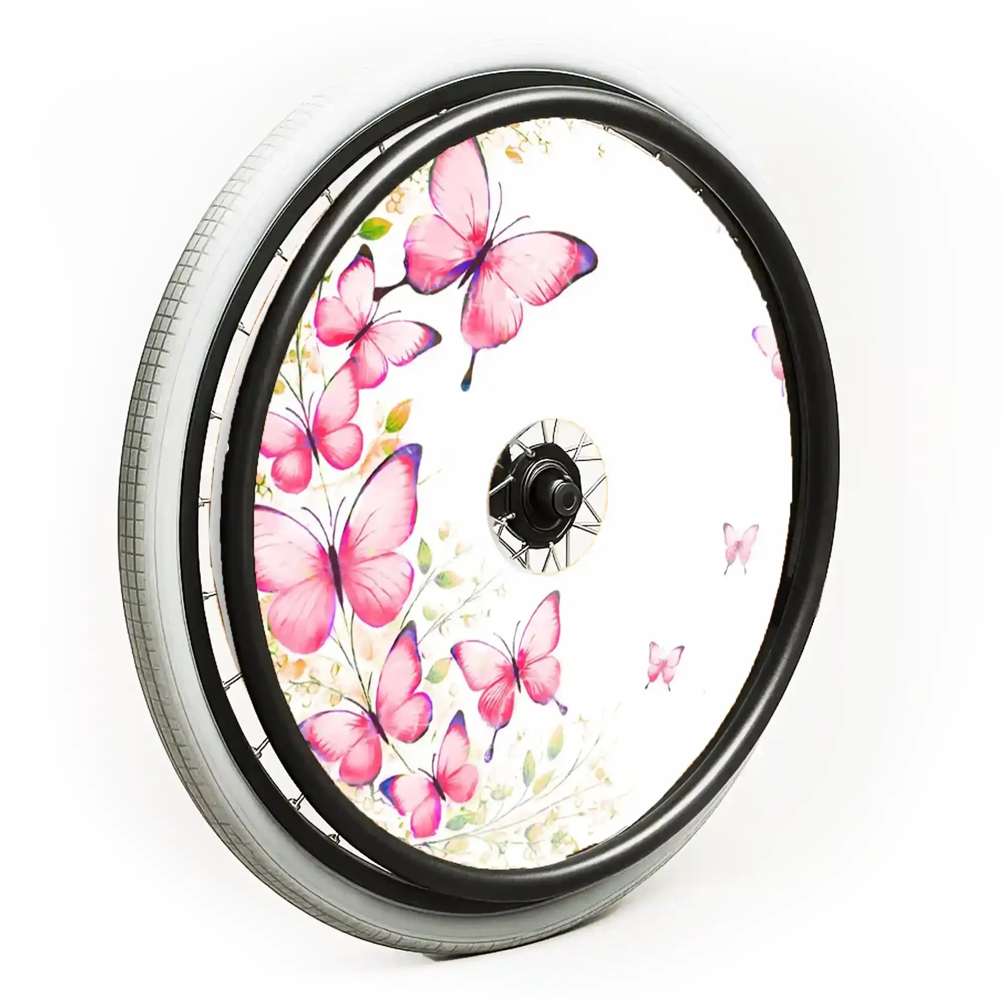 Wheelchair spoke guard with pink butterfly and floral design on a white background