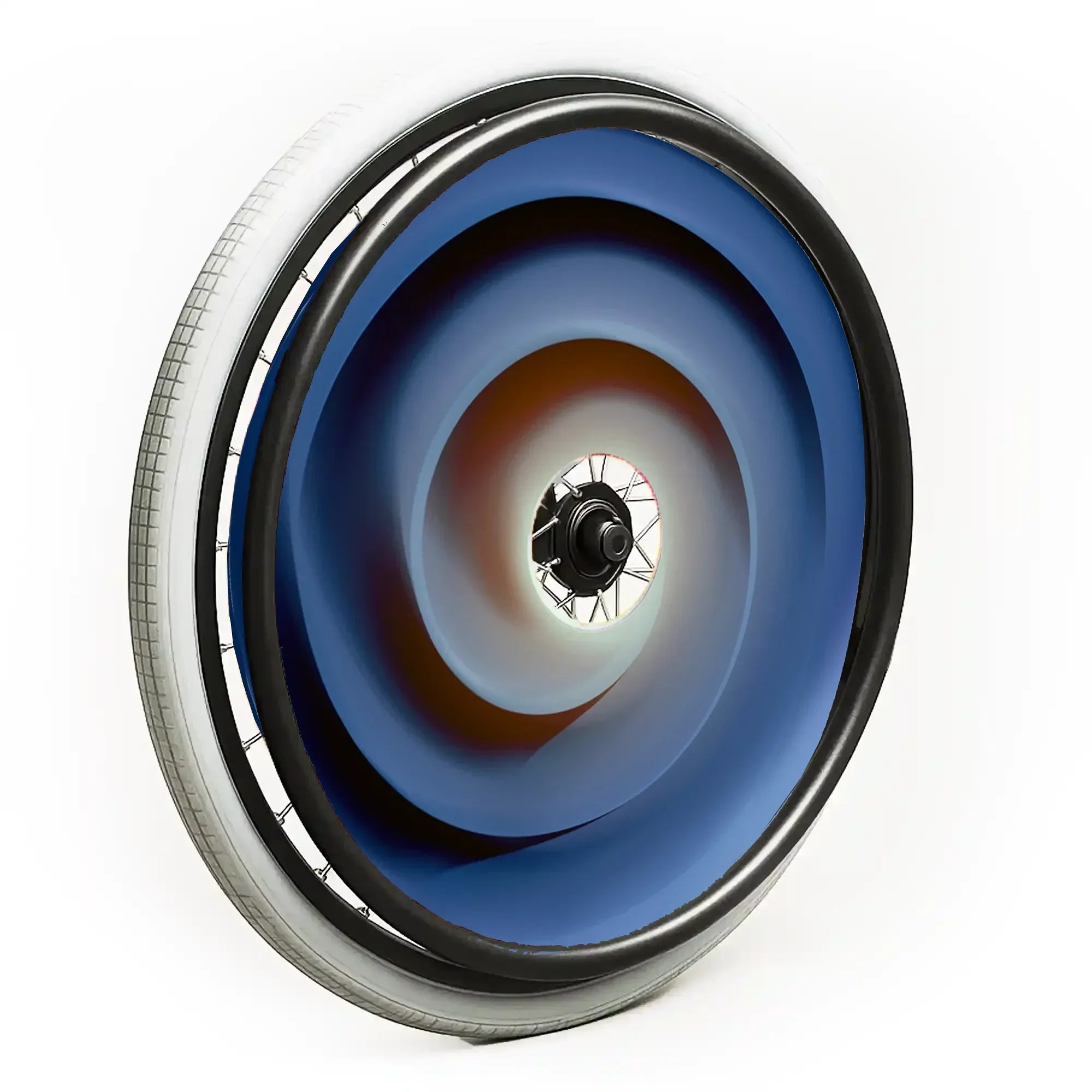 Blue spiral ladies spoke guard installed on wheelchair wheel, stylish wheelchair accessory