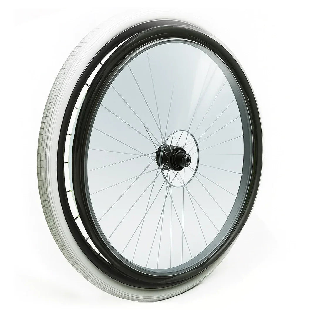 Transparent spoke guard fitted on a wheelchair wheel, protective wheelchair accessory