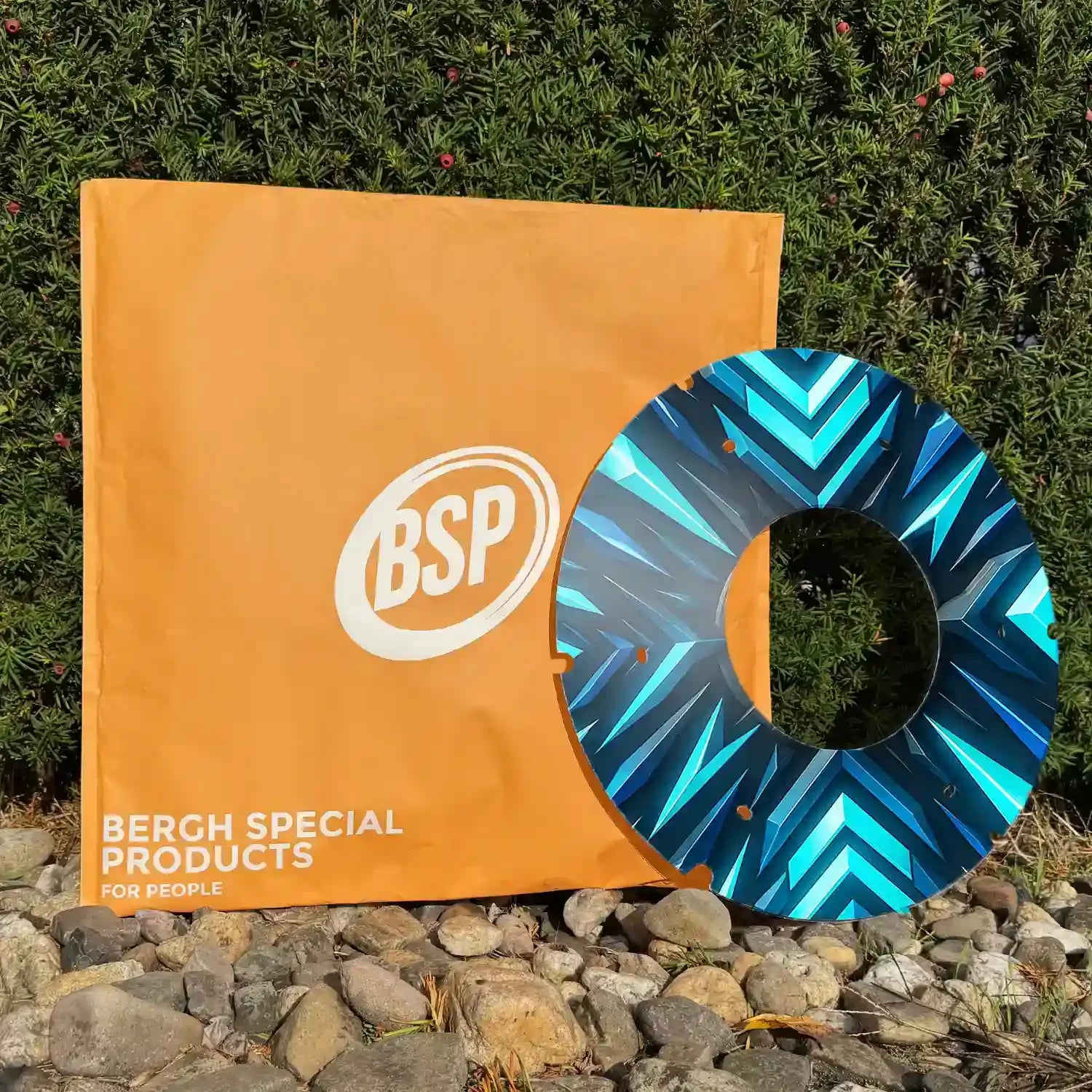 Blue zigzag wheelchair spoke guard displayed outdoors next to orange BSP storage bag