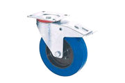 Blue wheelchair caster wheel with metal bracket for mobility equipment