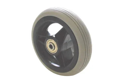 Durable wheelchair caster wheel with black hub and gray tread, ideal for smooth mobility and everyday use.