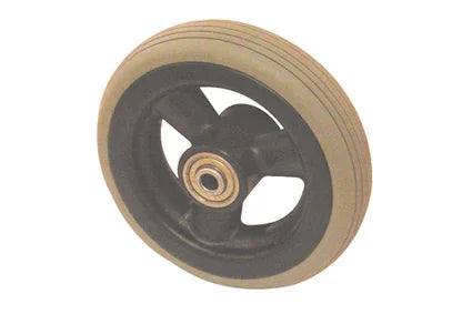 Durable wheelchair wheel with black hub and beige tire, ideal for mobility accessories and replacement parts.