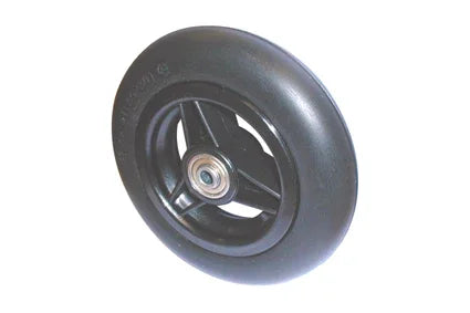 Black wheelchair caster wheel with durable rubber tire and metal hub for smooth mobility