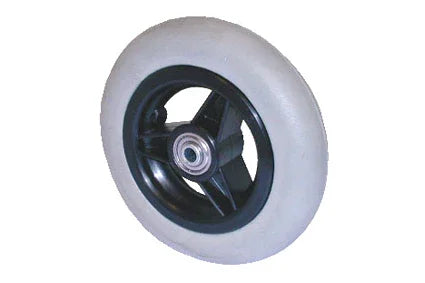 White wheelchair caster wheel with black hub and durable tread for smooth mobility