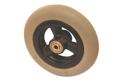 Beige wheelchair caster wheel with black hub and durable tread for smooth mobility