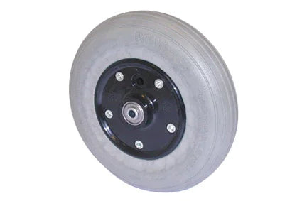 Durable wheelchair wheel with black hub and silver rim, designed for smooth mobility and everyday use.