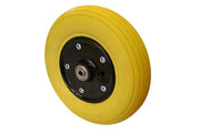 Bright yellow wheelchair wheel with black hub and bolt details, durable mobility accessory