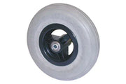 Durable wheelchair wheel with black hub and gray tire, ideal for mobility accessories and everyday use.